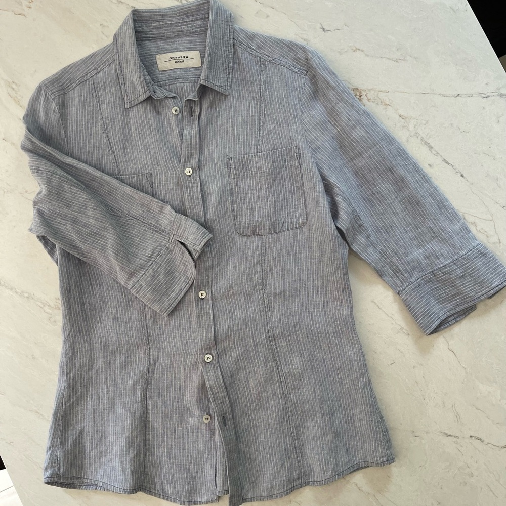 MAX MARA WEEKEND Women's Linen Blue/White Pinstripe Short Sleeve Shirt, Size 4-6 - Picture 12 of 14